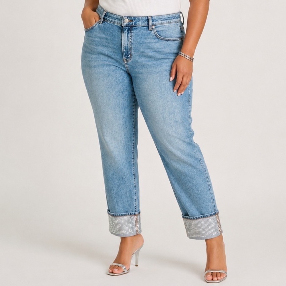 Lane Bryant Boyfriend Jeans Light Wash Denim Rhinestone Cuff Mid-Rise 18 Bling